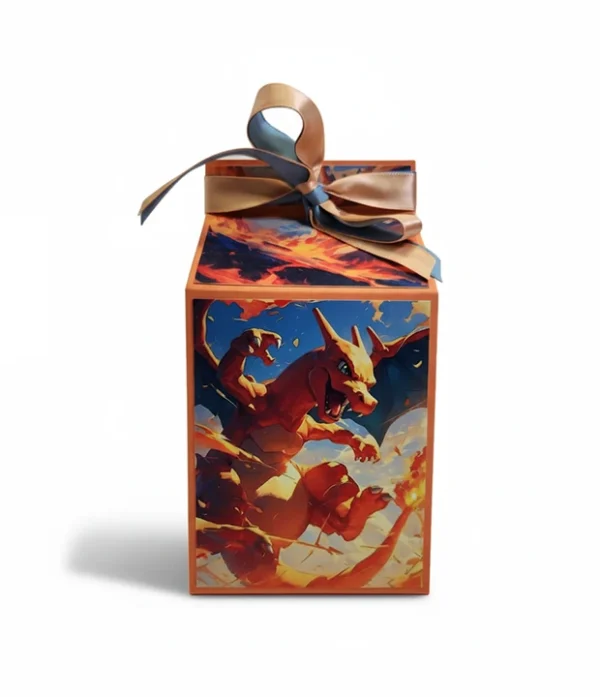 Caja decorada Pokémon Charizard, diseño rectangular con tapa, tonos rojo, naranja y negro.