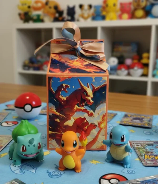 Caja decorada Pokémon Charizard, diseño rectangular con tapa, tonos rojo, naranja y negro.