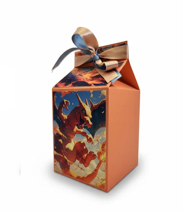 Caja decorada Pokémon Charizard, diseño rectangular con tapa, tonos rojo, naranja y negro.