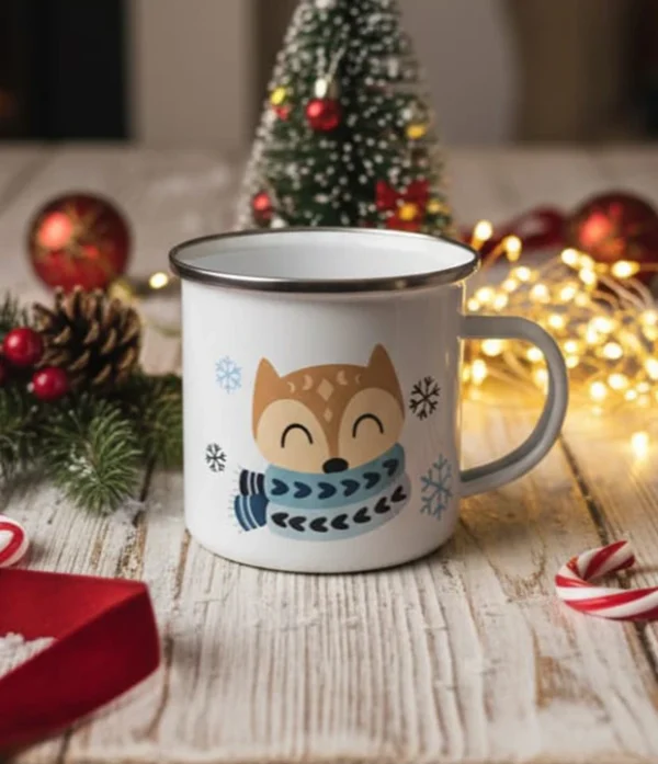 Taza esmaltada navideña blanca con diseño festivo, ideal para café, té o chocolate caliente.