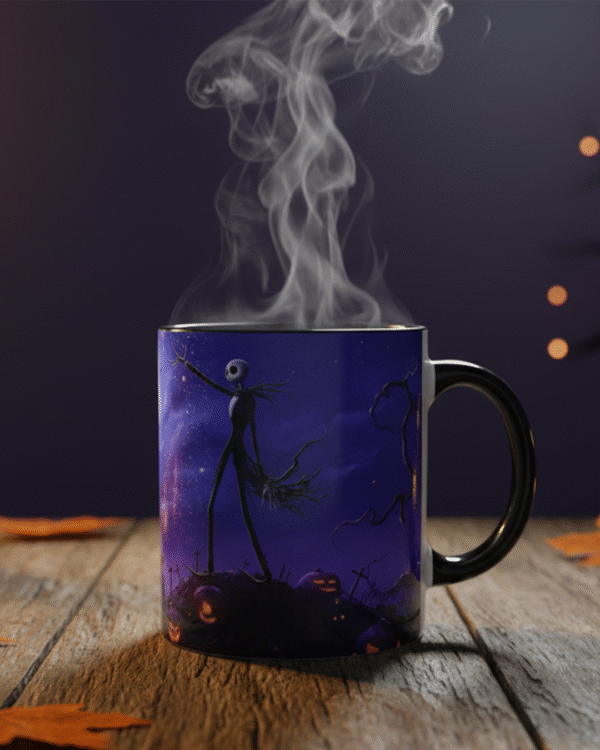 Taza de cerámica negra con la imagen de Jack Skellington de la película Pesadilla antes de Navidad sobre un fondo azul oscuro y morado, ideal para Halloween.