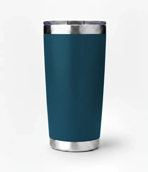 Vaso térmico de color aqua con tapa y base de acero inoxidable.