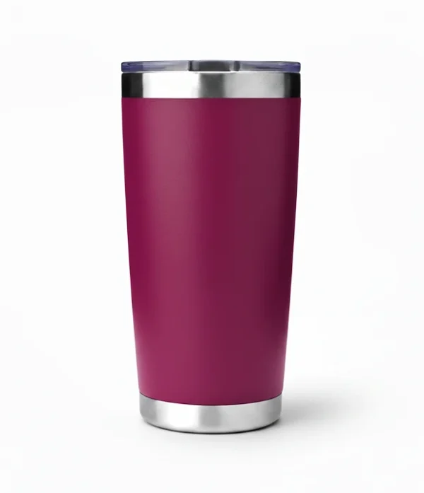 Vaso térmico de color fucsia con tapa y base de acero inoxidable.